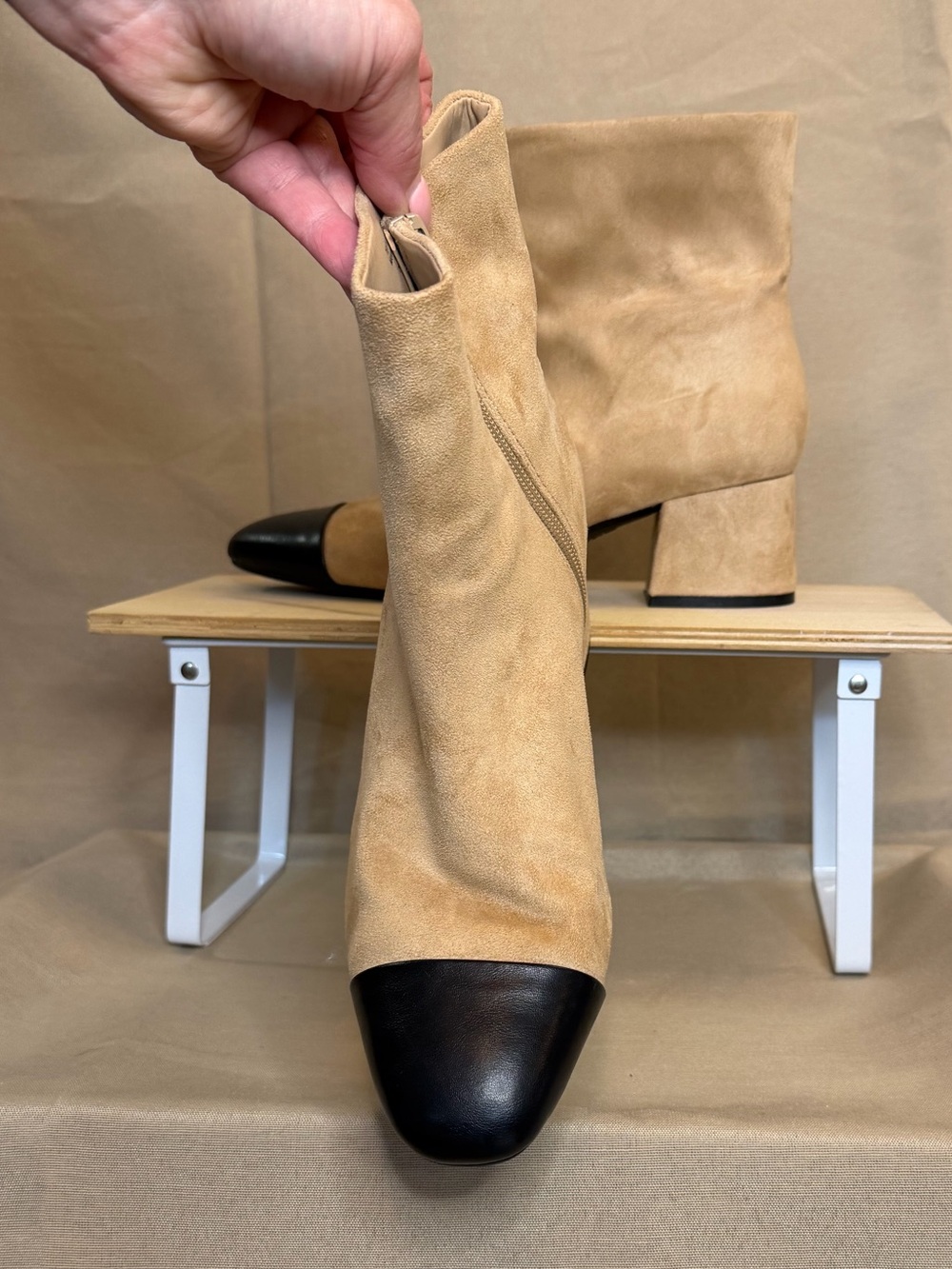 Two-Tone Beige Suede Ankle Boots with Black Cap Toe - Picture 4 of 5